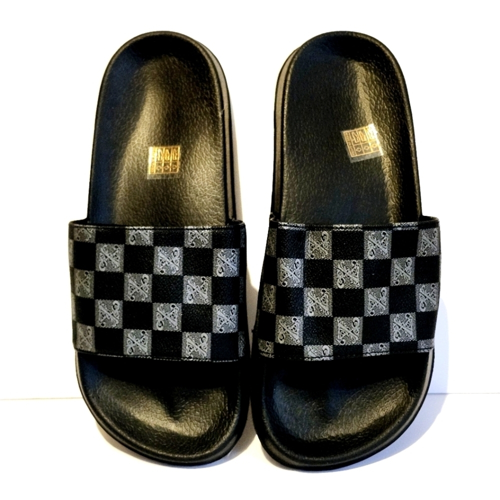 *3 for $30* Checkered Black and Gray Slide Sandals